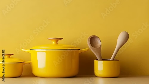 Bright yellow cookware set with wooden utensils against a vibrant yellow backdrop, ideal for kitchen decor