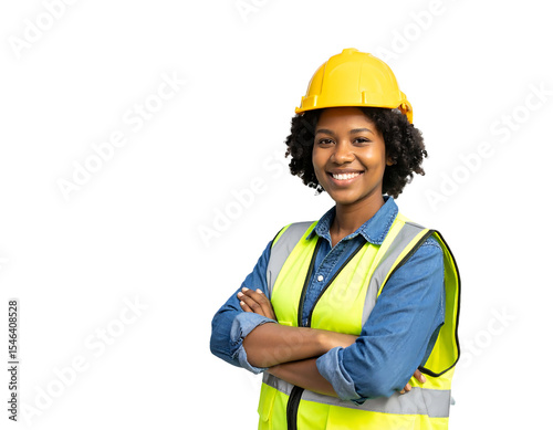 Confident Female Construction Worker Smiling with Arms Crossed in Safety Gear and Hard Hat