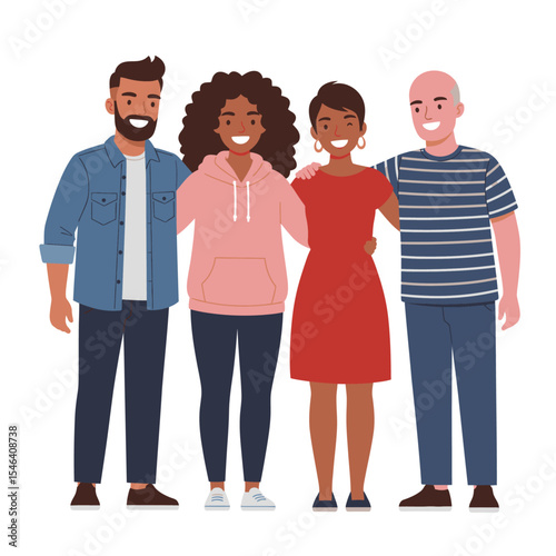 A group of four people are standing closely together smiling and with their arms around each other