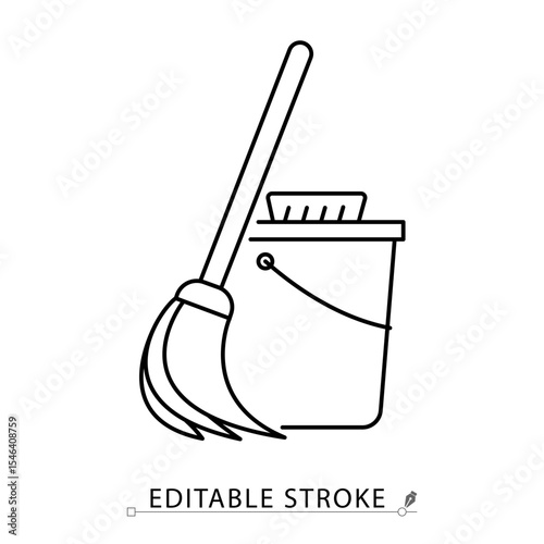 Mop and bucket icon in minimal linear style with editable stroke. Symbol of cleaning, hygiene, housekeeping tools and janitorial supplies. Domestic chores and sanitation concept.