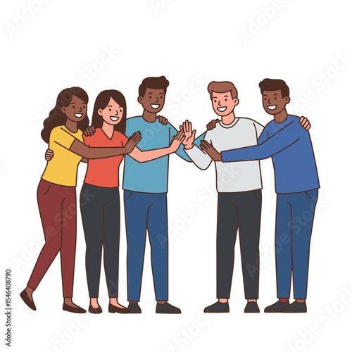Group of five diverse friends hugging and highfiving each other