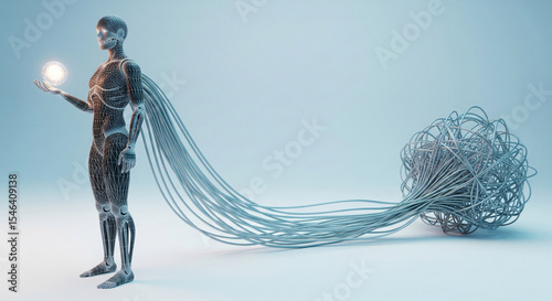 Wireframe robotic figure holding glowing orb, connected by numerous cables to a tangled mass, suggesting artificial intelligence or network connection