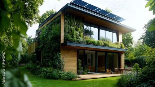 Modern eco-friendly house design with solar panels, vertical garden, and sustainable architecture