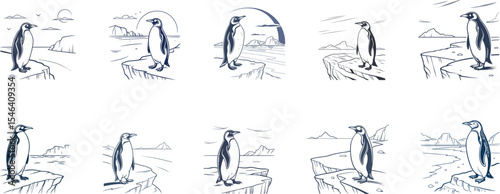 penguin on ice  line art design set vector illustration