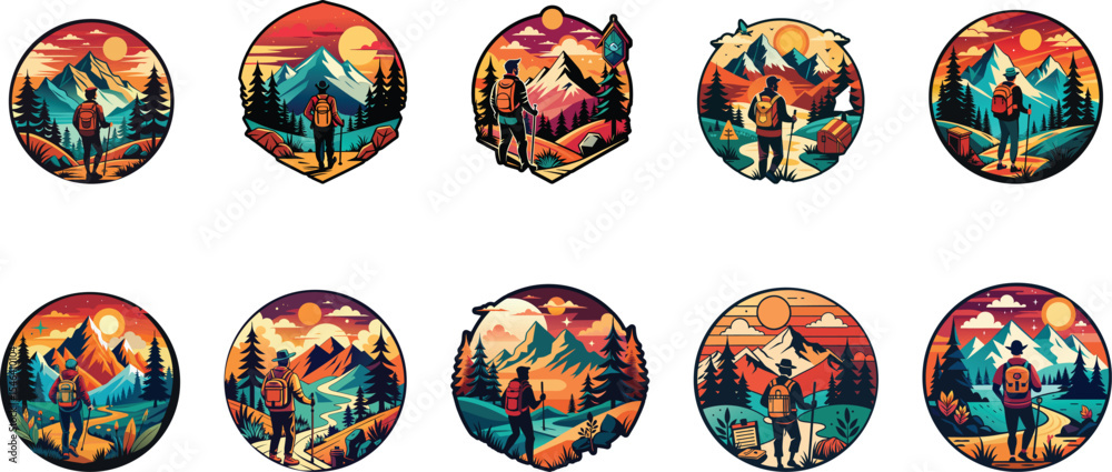 hiker in mountain landscape and pine trees set emblem design vector illustration hiker in mountain landscape and pine trees set emblem design vector illustration
