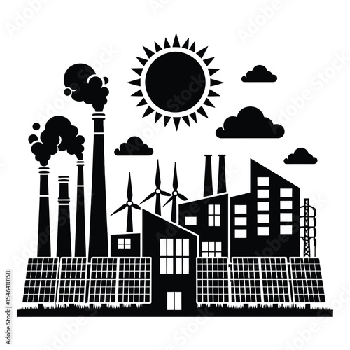 Industrial cityscape silhouette with solar panels and wind turbines