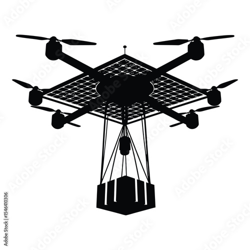 Drone delivery service silhouette quadcopter with package silhouette