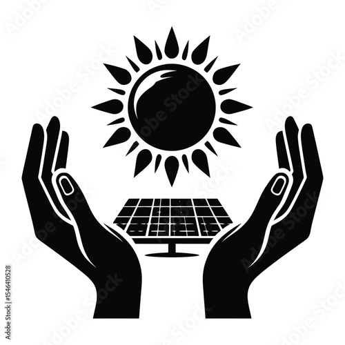 Solar energy hands protecting panel silhouette