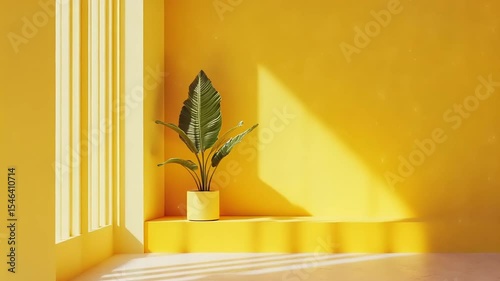 Bright yellow interior featuring a potted plant with sunlight casting shadows on the wall