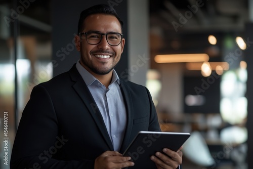 Latin American businessman dressed in formal attire holding a tablet and smiling confidently in a modern and professional office. The image represents business, technology, and professionalism