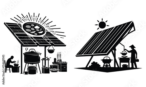 Solar powered cooking station silhouette illustration