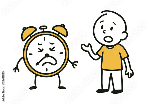 Stick Figure and Clock Illustration. Time Management Concept, Hand Drawn Doodle Style, Urgency and Confusion Expression Vector Illustration 