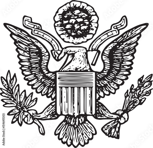 Φωτογραφία The Great Seal of the United States with eagle and shield, depicted in black-and
