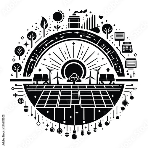 Renewable energy sources circular silhouette illustration