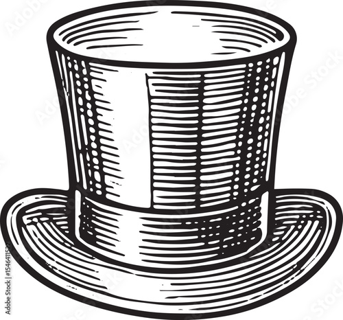 A classic top hat, illustrated in vintage woodcut style, representing American elegance, history, and patriotic fashion