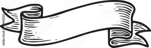 A flowing ribbon with text space, drawn in black-and-white woodcut, symbolizing American celebration and decorative heritage