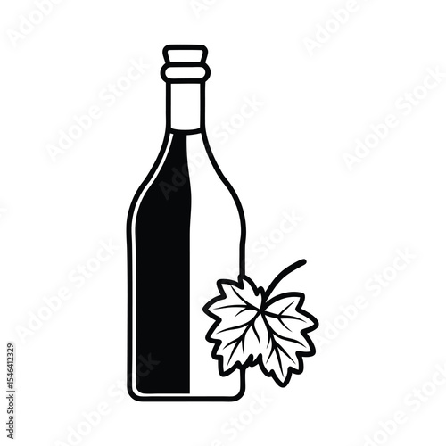 wine bottle silhouette with grape leaf illustration 
