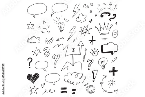 Black Doodle Pattern Silhouette Set – Hand Drawn Vector Line Art, Seamless Abstract Sketch Elements