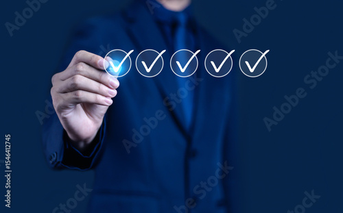
Businessman checking checkbox, Business performance checklist concept, Survey, Check off checklist, Fill out online form, Document management system, DMS, Performance appraisal  