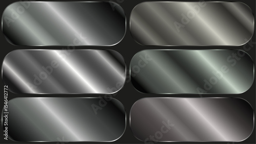 Aluminum foil. silver metal texture gradient background set. Vector shiny metallic gradients for border, frame, ribbon, label design