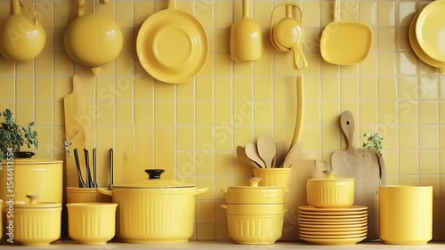 Bright yellow kitchenware displayed on a vibrant wall, showcasing various pots, plates, and utensils