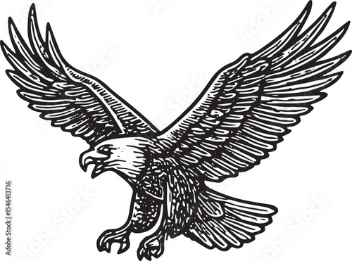 An eagle soaring with wings spread, illustrated in black-and-white woodcut, symbolizing American freedom and wildlife majesty
