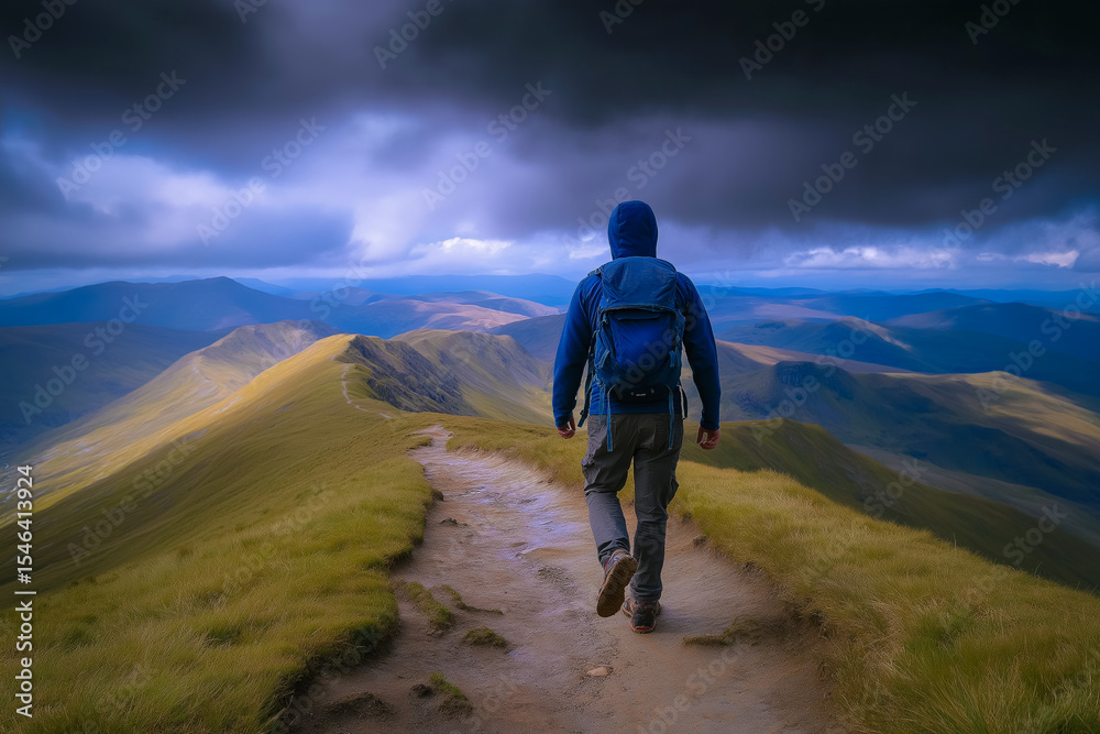 Fototapeta premium Hiker treks along meandering path in rugged landscape. Mountainous backdrop shrouded in clouds creates moody atmosphere, showcasing outdoor adventure. Concept of hiking, exploration, nature tourism