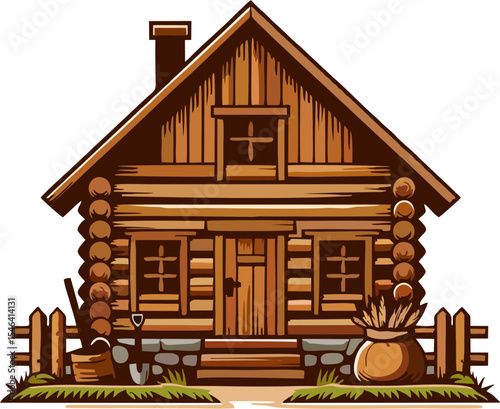 Rustic Wooden Log Cabin with Farming Tools and Wheat Sack – Countryside Farmhouse Illustration