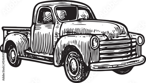 A rugged pickup truck, depicted in black-and-white woodcut, symbolizing American rural life and automotive heritage