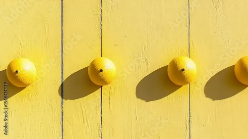 Bright yellow wall with round orange objects casting shadows, creating a vibrant, playful atmosphere