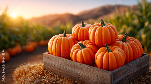 Freshly harvested orange pumpkins stacked in a rustic wooden crate on a farm. Warm sunset light enhances the natural beauty of the scene. Concept of agriculture, seasonal produce, autumn harvest
