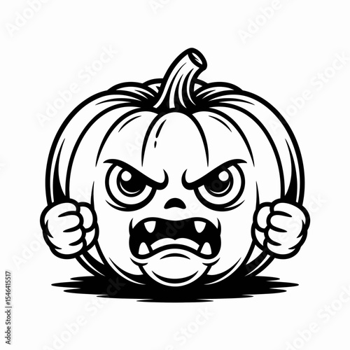 A cartoonish pumpkin with an angry expression is depicted, featuring clenched fists and sharp teeth