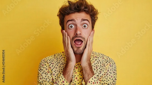Photo of speechless man with brunet hair dressed dotted shirt staring palms on cheekbones isolated on vibrant yellow color background.
