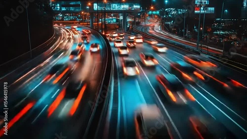 Busy urban highway at night with streaks of car lights and blurred motion, cityscape background