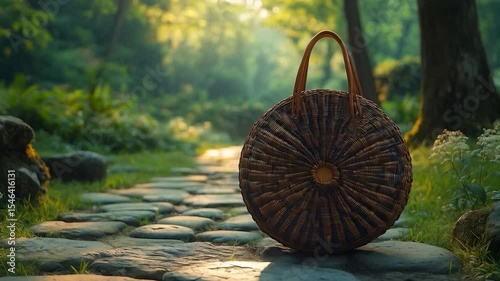 Round woven basket bag on a stone path in a sunlit garden