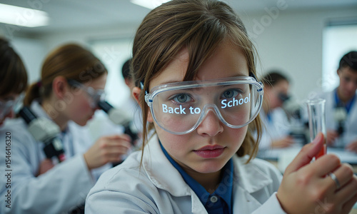 Wallpaper Mural Girl in science class wearing protective glasses with 'Back to School' words visible in reflection. Torontodigital.ca