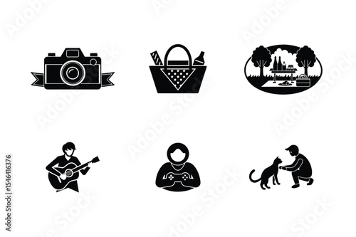 Set of Black and White Leisure Activities Icons