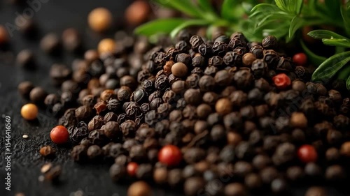 Close-up of assorted peppercorns on dark surface