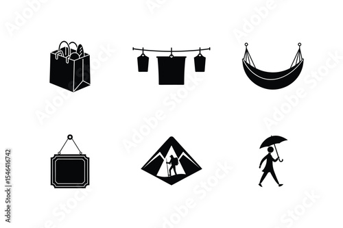 Collection of six different black and white icons for various activities