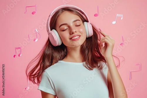 Poster trend sketch template 3D photo collage of young woman dance listen music headphones leisure hand hold radio entertainment clubber