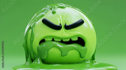 Cartoonish green slime character with angry expression, melting on a vibrant green background