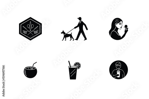 Collection of Black and White Lifestyle Icons on White Background