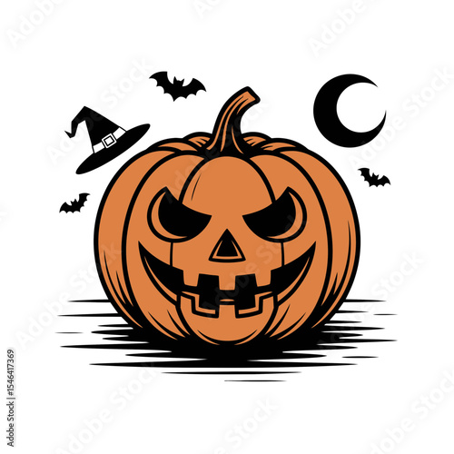 A grinning jack-o'-lantern is surrounded by flying bats, a witch's hat, and a crescent moon, creating a spooky Halloween scene.