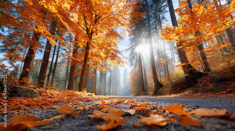 Fototapeta premium Sunlight filters through trees in a picturesque autumn forest. Vibrant orange and yellow leaves blanket the ground on a serene path. Concept of nature, outdoor recreation, environmental awareness