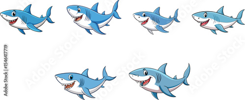 Blue shark cartoon set vector illustration