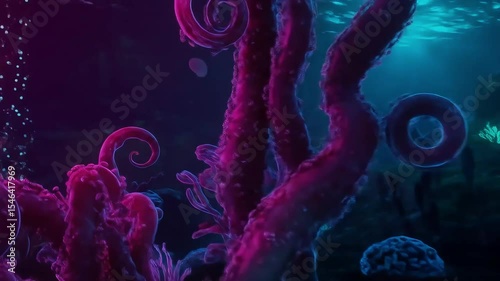 Purple and blue fractal energy swirls around a glowing underwater world map with a jellyfish and starlit sea texture, creating an abstract and flowing fantasy design