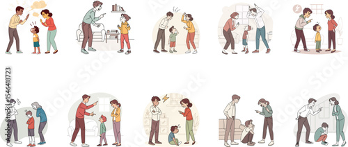 parents shouting at kid flat design set vector illustration