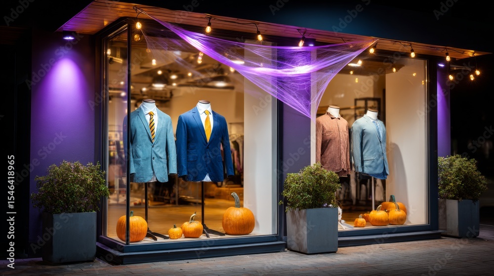 Naklejka premium Halloween decorated clothing store shop window display at night with pumpkins and spider web for holiday promotion. All Hallows Eve, Samhain