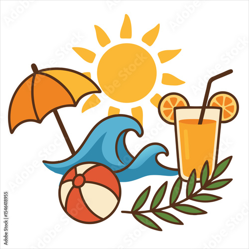 Summer vector art on white background with umbrella