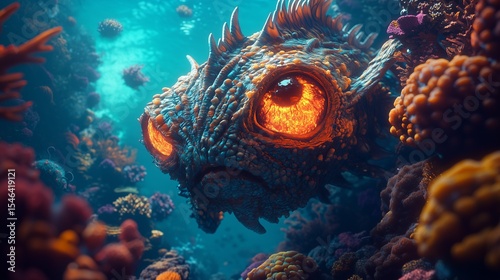 Hyperrealistic Underwater Monster: Bioluminescent Creature in a Vibrant Coral Reef Ecosystem